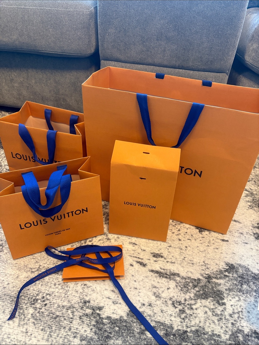 Louis Vuitton Orange Gift Bags with Blue Ribbon Handles
